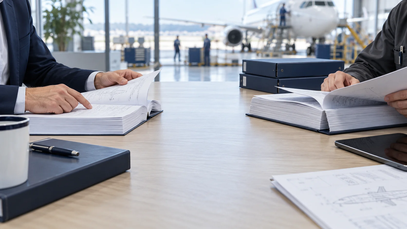 Manuals and regulatory documents being reviewed at a desk overlooking an aircraft