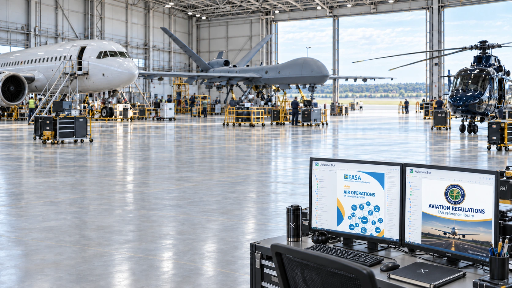 Aircraft hangar with an airliner, research drone, helicopter and an illustrative aviation document workspace