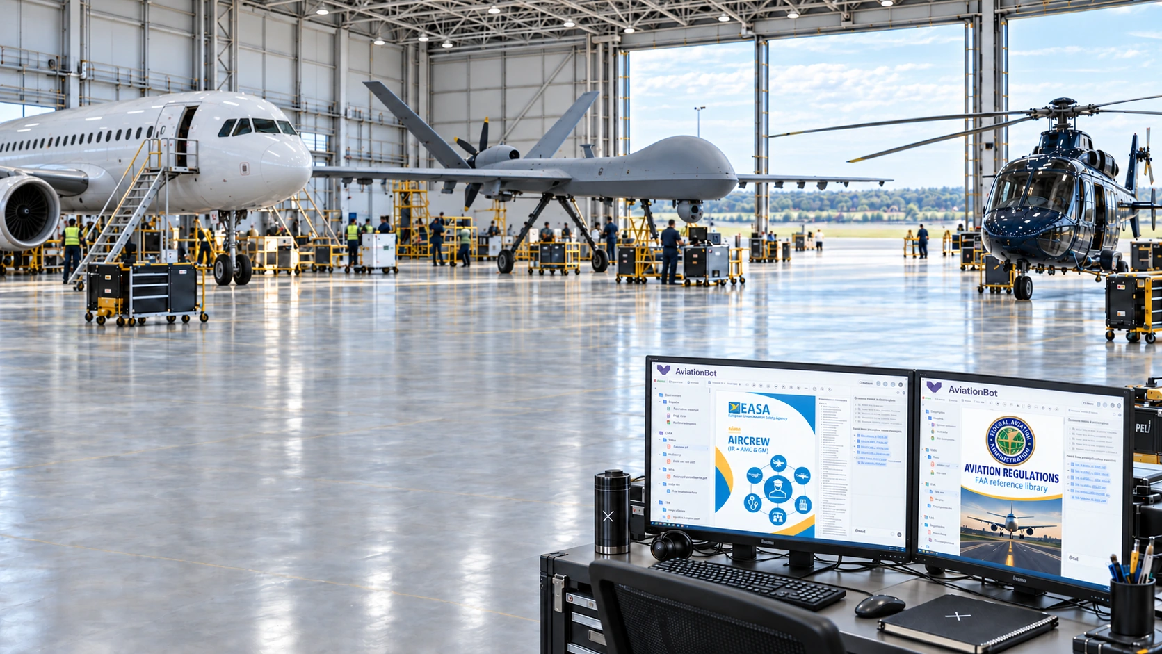 Aircraft hangar with an airliner, unmanned aircraft and helicopter; monitors show an illustrative AviationBot workspace with EASA Aircrew and FAA reference covers