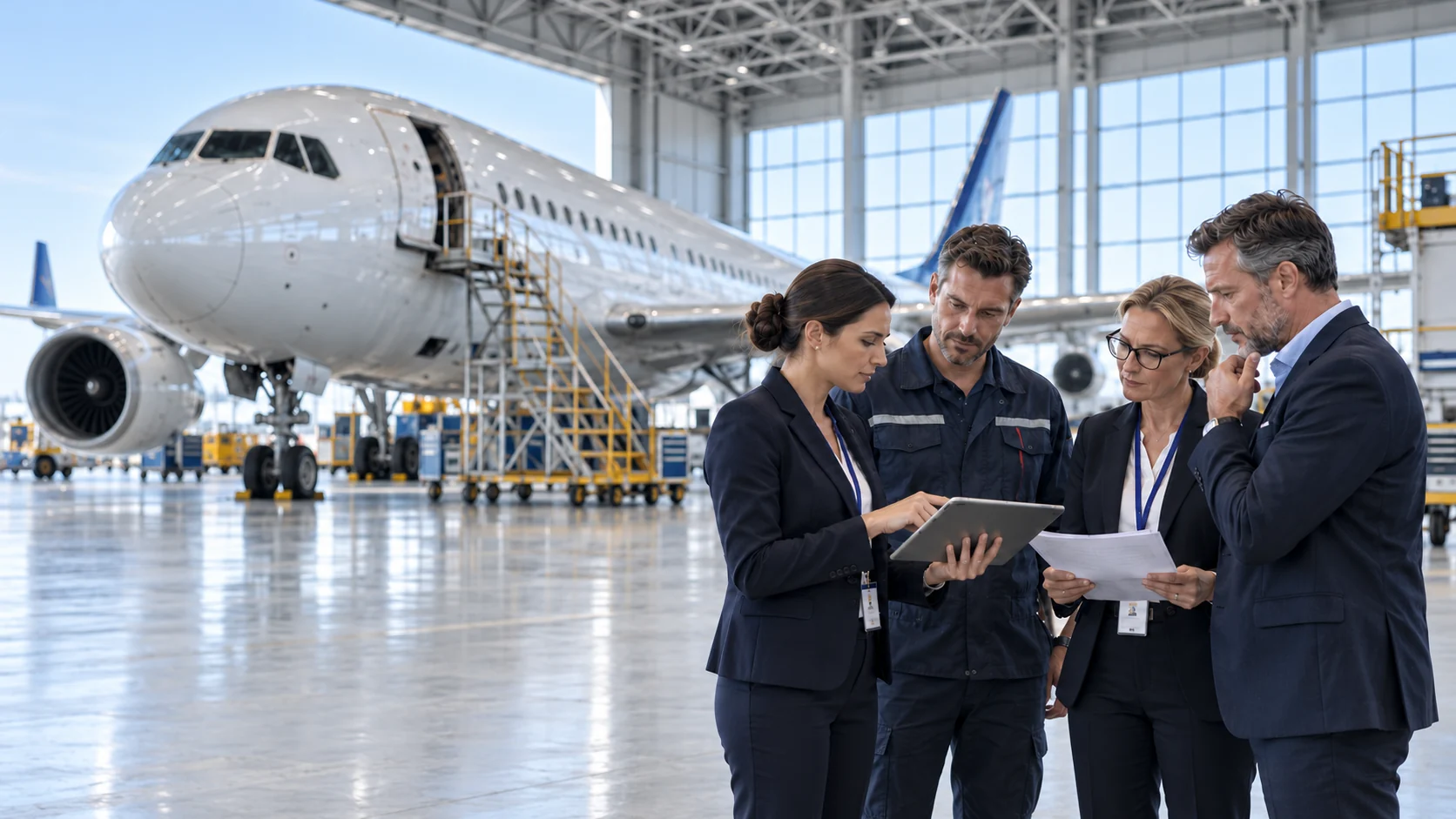 Aviation professionals reviewing documents beside a commercial aircraft in a hangar