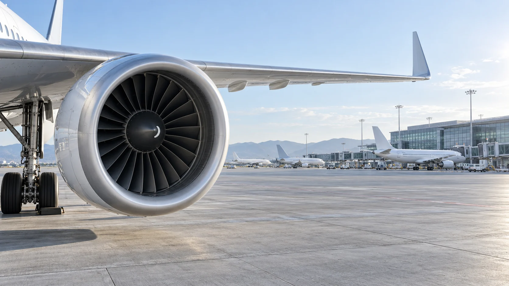 Commercial aircraft on an airport apron in soft morning light