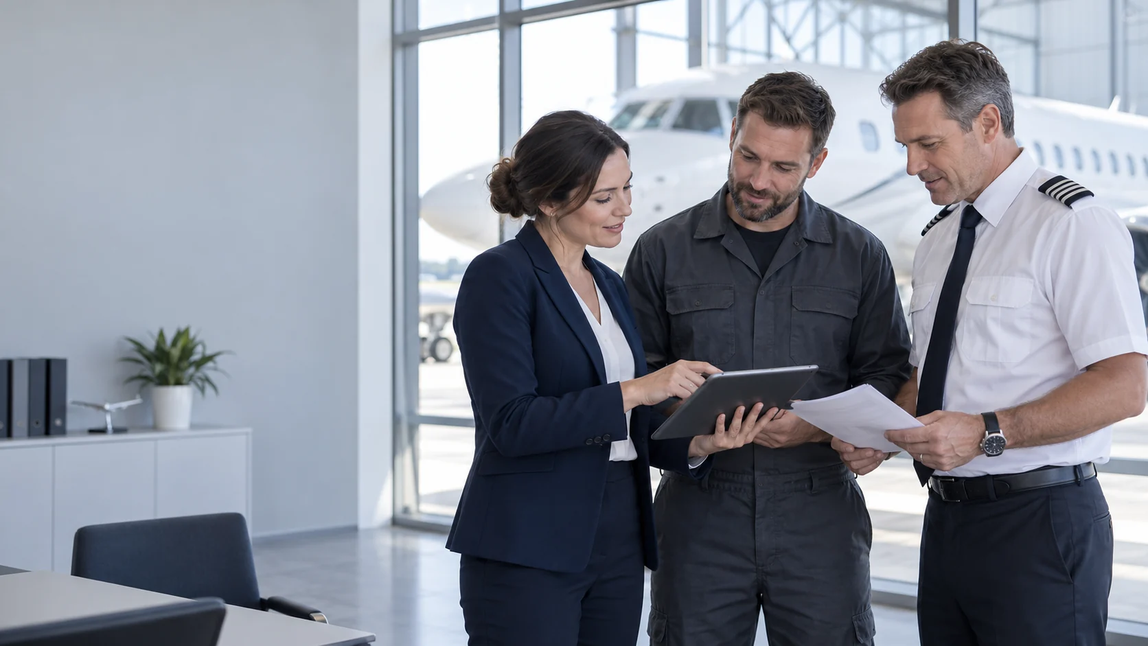 Aviation professionals discussing a project around a meeting table