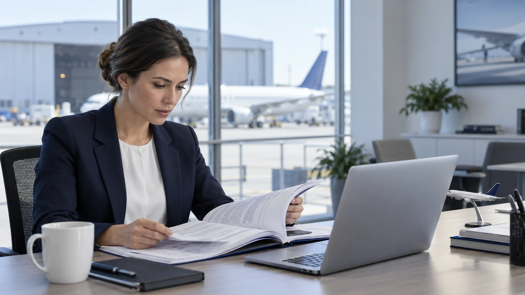 Aviation professional researching regulations on a laptop in a hangar