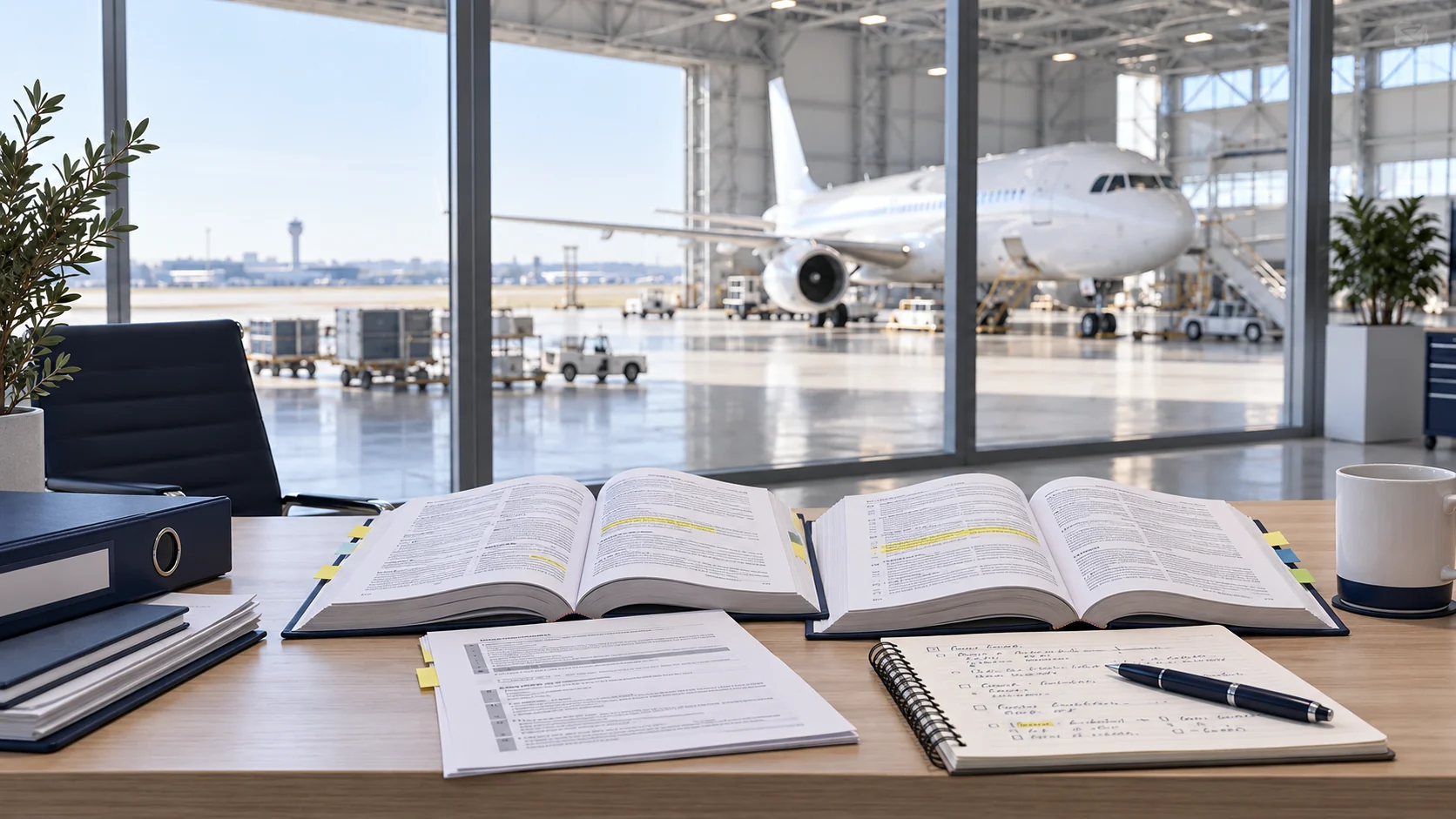 Open manual editions, highlighted pages and revision notes on a desk overlooking an aircraft hangar