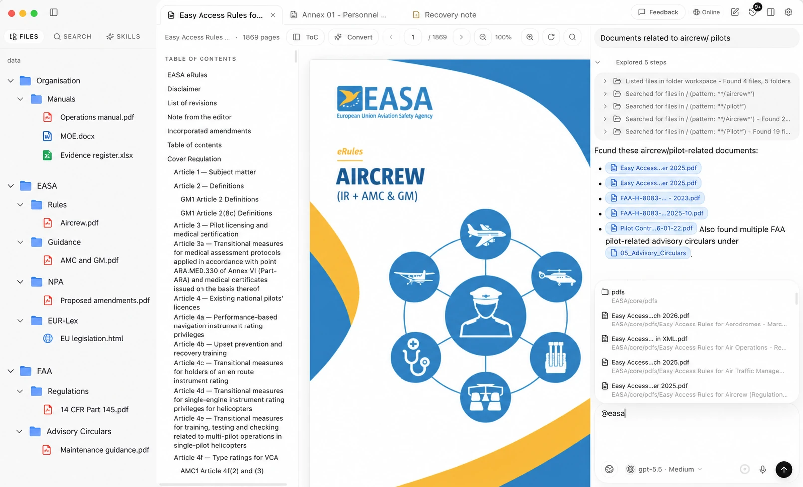 Upcoming AviationBot V2 workspace with files and libraries, an original source document and AI assistant