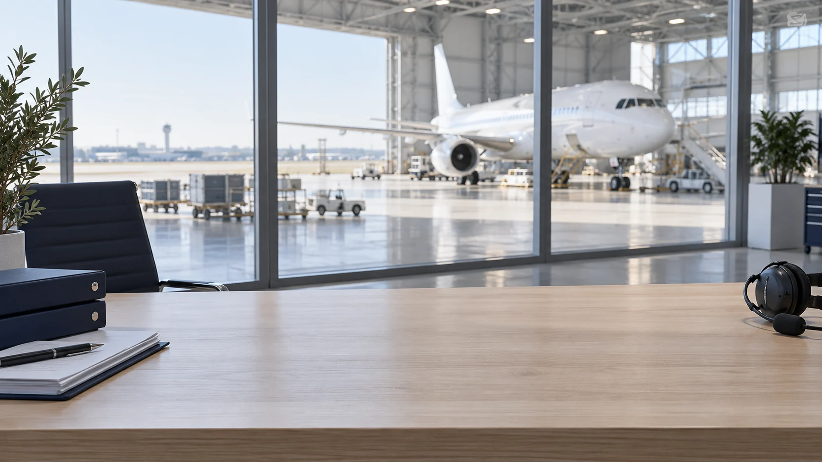 A workspace with manuals overlooking a commercial aircraft hangar