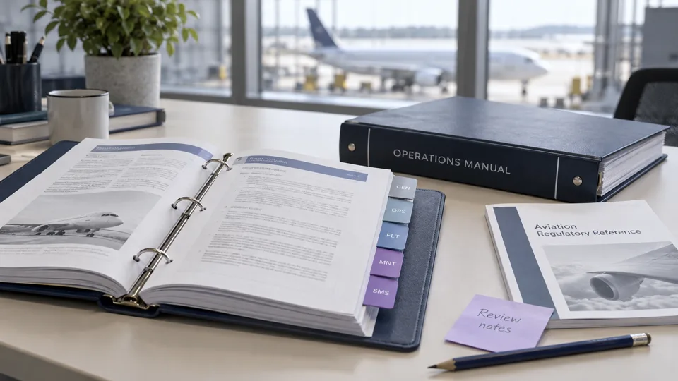 Illustrative manual-review desk with tabbed aviation manuals and source references