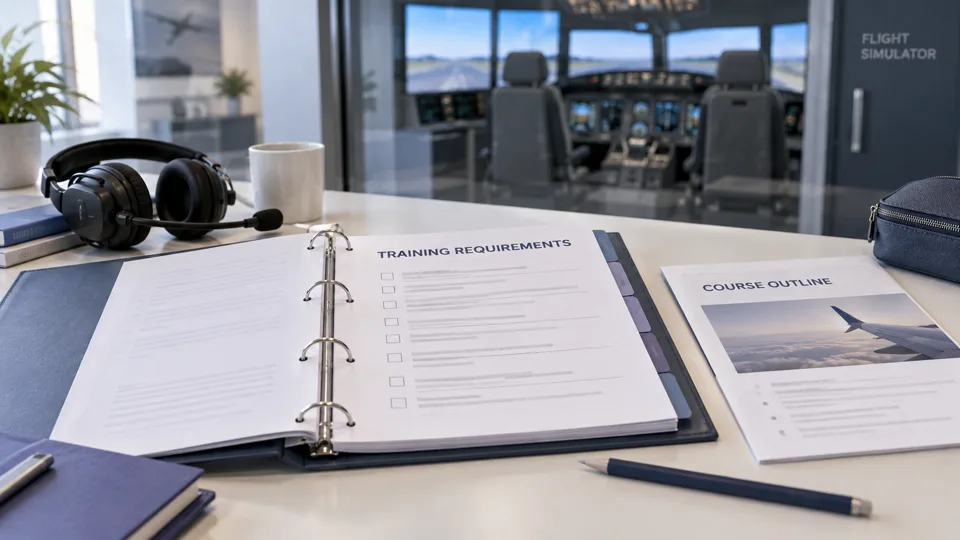 Illustrative training-planning desk with requirements, course outline and a flight simulator in the background
