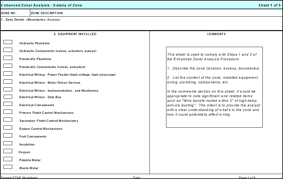 This image displays "Sheet 1 of 5" of an "Enhanced Zonal Analysis - Details of Zone" worksheet, designed for documenting zone attributes and installed equipment within an aircraft for maintenance and compliance purposes. [Figure summary by Aviation.Bot]