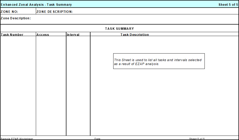 <table>
  <thead>
    <tr style="background-color: #E0FFFF;">
      <th colspan="3" style="text-align: left; border: 1px solid black; padding: 5px;">Enhanced Zonal Analysis - Task Summary</th>
      <th style="text-align: right; border: 1px solid black; padding: 5px;">Sheet 5 of 5</th>
    </tr>
  </thead>
  <tbody>
    <tr>
      <td style="width: 20%; border: 1px solid black; padding: 5px;">ZONE NO:</td>
      <td colspan="3" style="width: 80%; border: 1px solid black; padding: 5px;">ZONE DESCRIPTION:</td>
    </tr>
    <tr>
      <td colspan="4" style="border: 1px solid black; padding: 5px;">Zone Description:</td>
    </tr>
    <tr>
      <td colspan="4" style="background-color: black; height: 10px; border: none;"></td>
    </tr>
    <tr>
      <td colspan="4" style="text-align: center; font-weight: bold; border: 1px solid black; padding: 5px;">Task Description</td>
    </tr>
    <tr>
      <td style="width: 15%; border: 1px solid black; height: 200px; vertical-align: top;"></td>
      <td style="width: 15%; border: 1px solid black; vertical-align: top;"></td>
      <td style="width: 15%; border: 1px solid black; vertical-align: top;"></td>
      <td style="width: 55%; border: 1px solid black; vertical-align: top;">
        <div style="border: 1px solid black; padding: 10px; margin: 20px; display: inline-block;">
          This Sheet is used to list all tasks and intervals selected<br>as a result of EZAP analysis. [Figure summary by Aviation.Bot]